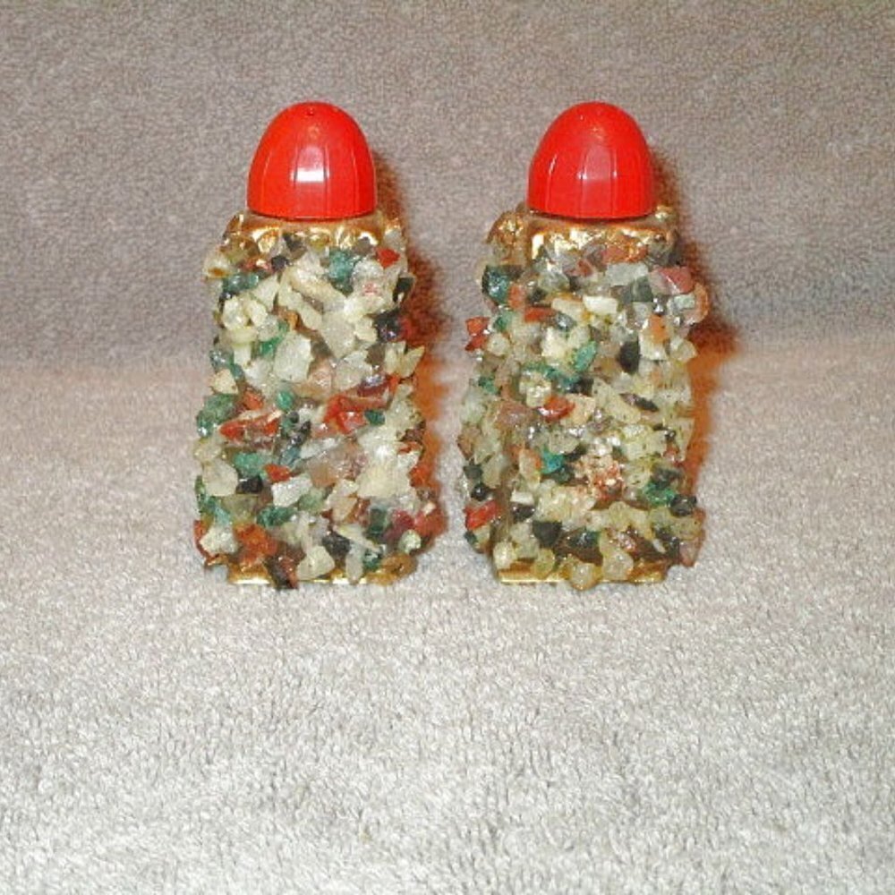 Vtg Gemstone Crystals Salt & Pepper Shakers Set Of 2 Minerals Gold Gilt Marked